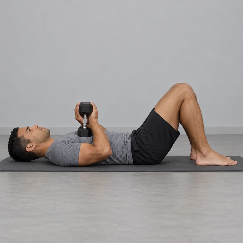 Dumbbell Crunch-Up, Held Against the Chest