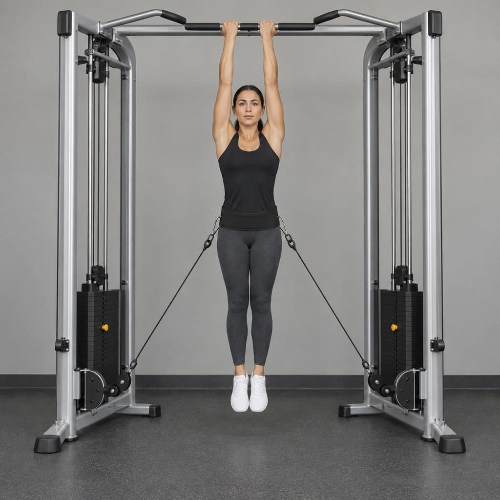 Weighted Chin-Up, a Waist Strap Clipped to Both Low Pulleys