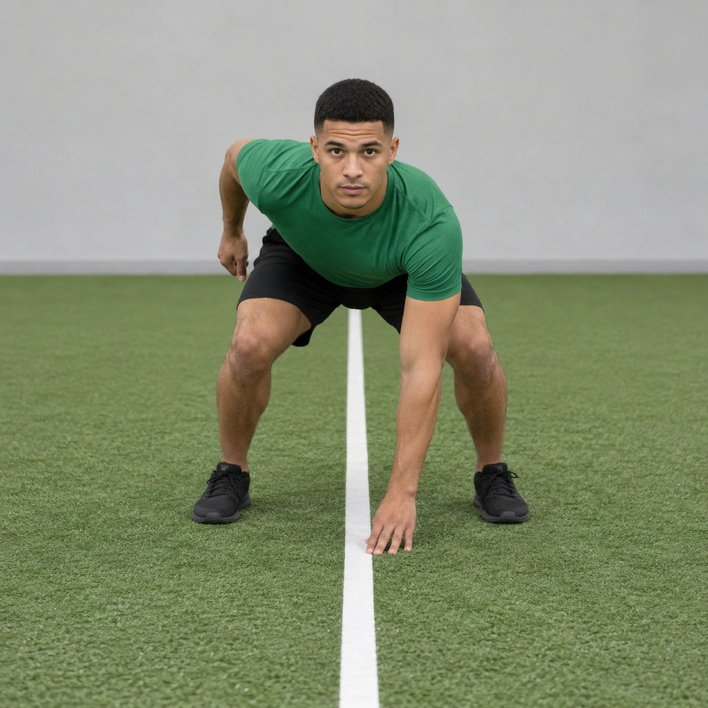 Man in a low three-point stance straddling a white floor line, his left hand on the line.