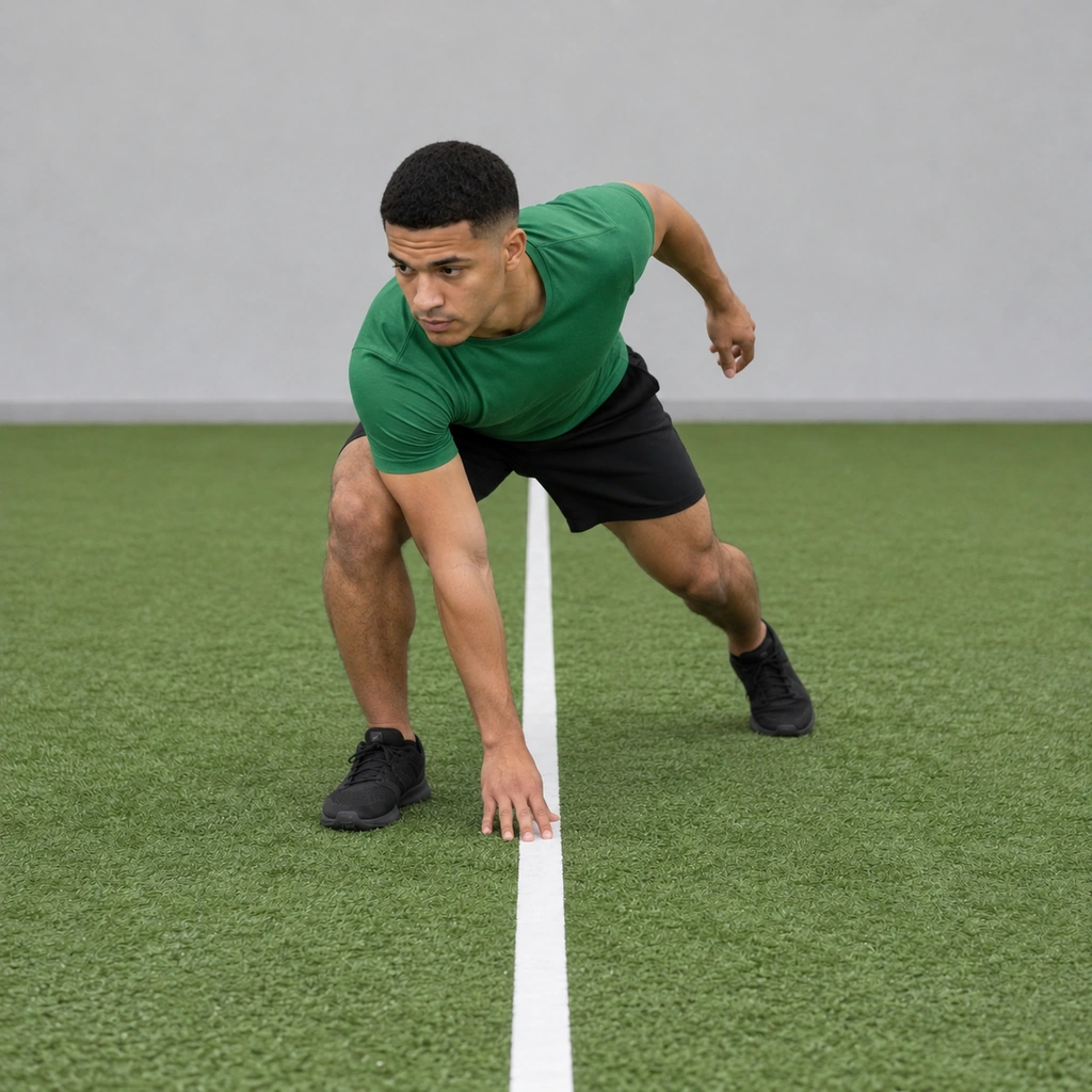 Man low beside a white floor line, touching it with his right hand as he turns to run back.