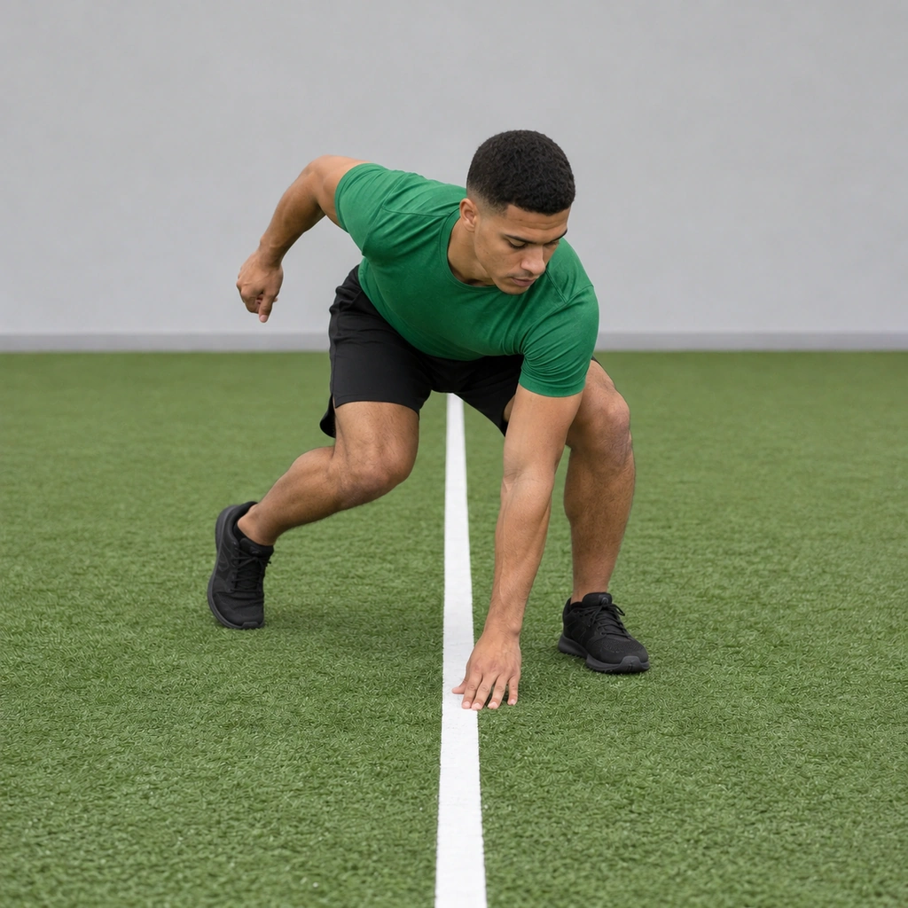 Man low beside a white floor line, touching it with his left hand as he turns to run back.
