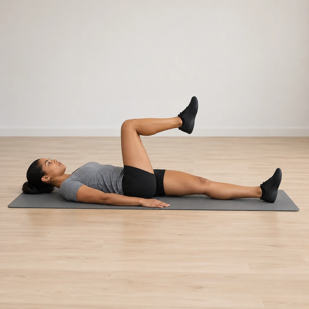 She lies on her back, the left leg extended straight on the floor and the right hip and knee folded to ninety degrees, the right shin held up off the floor.