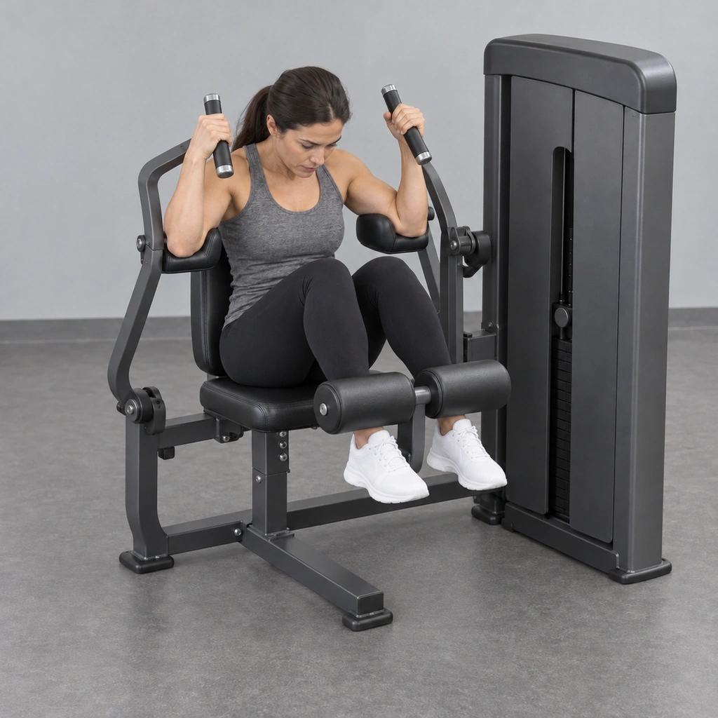 The same seated woman with both legs raised and her upper torso curled forward, maintaining own triceps-pad, top-handle and under-foot-pad contacts.