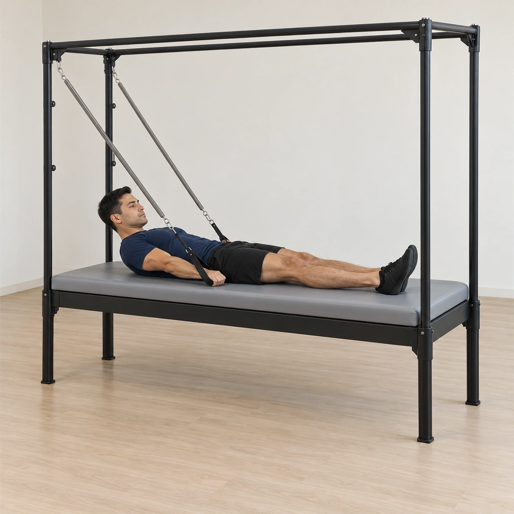 He lies supine on the table with his head toward the arm-spring end, a loop handle in each hand, his head and chest curled up while his arms press straight down toward the mat under the spring load.