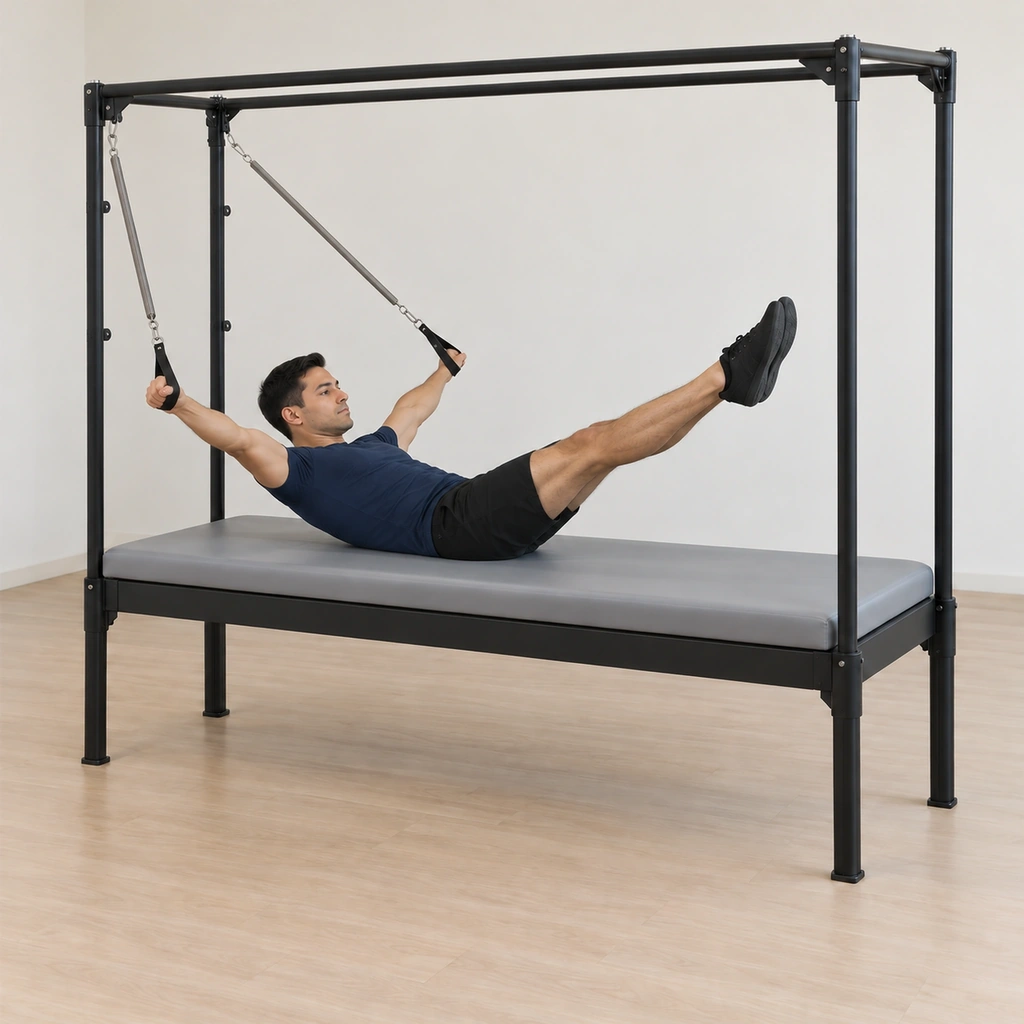 His legs have stretched out to the diagonal while his arms have opened wide still connected to the spring lines, his chest lift held through the opening.