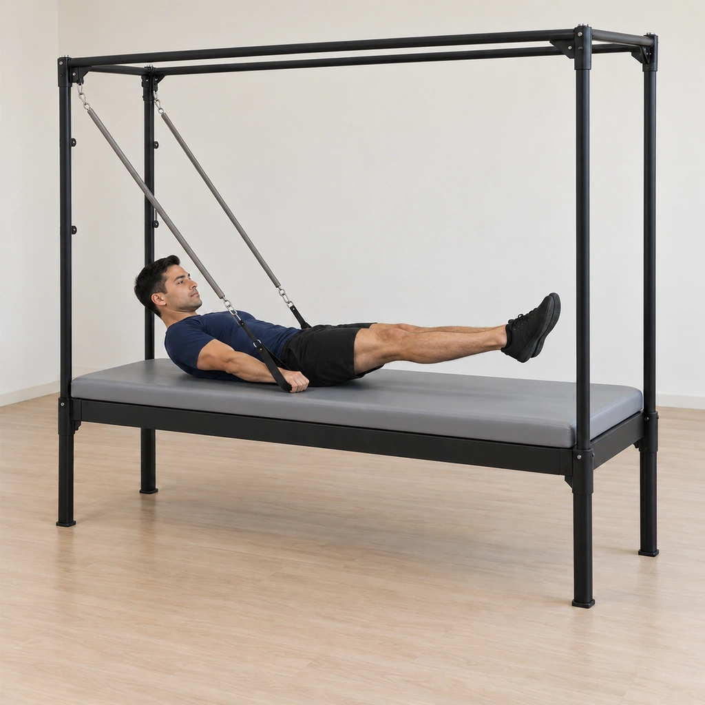 His arms pressed long, his chest still curled, both of his straight legs have lowered toward the table under the held spring load, the lift in his chest unchanged.
