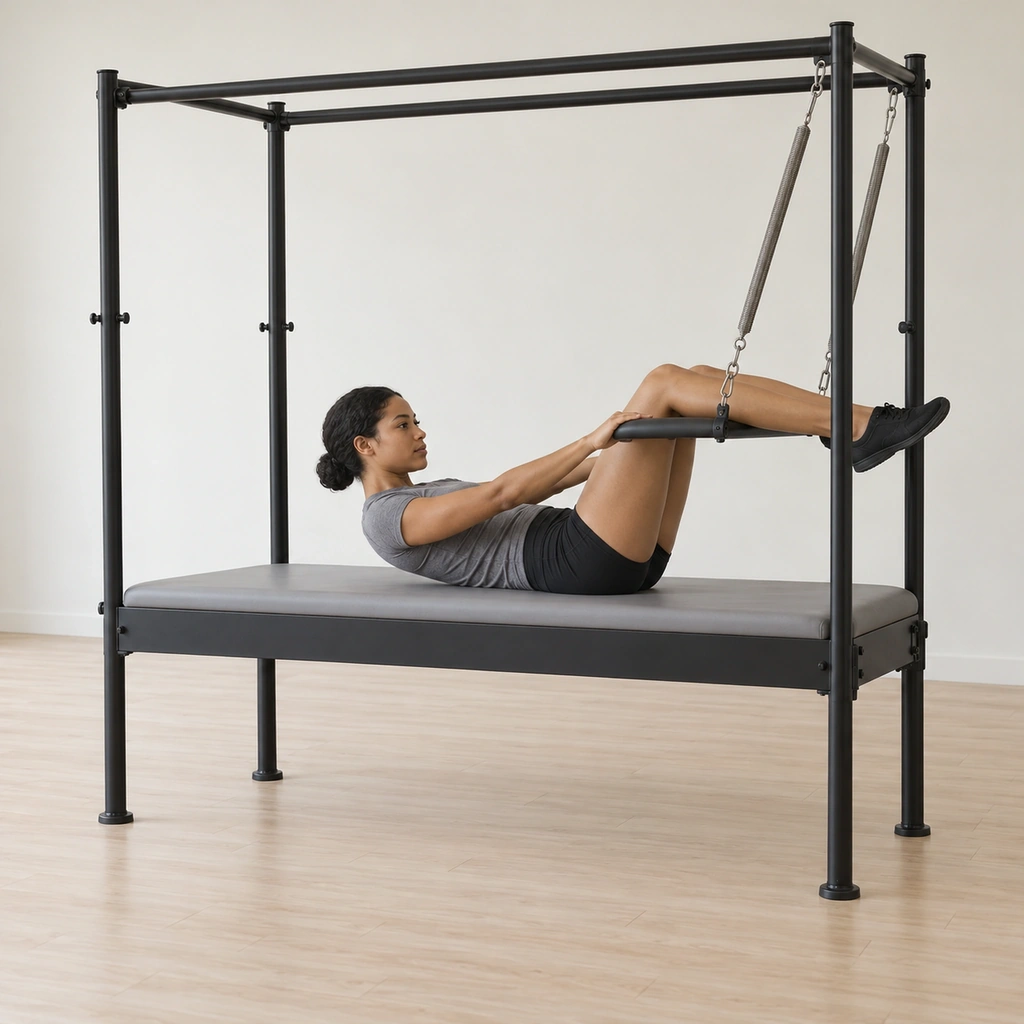 She lies supine on the cadillac table with her legs over the sprung roll-back bar, her hands pressing the bar down from her back, her head and chest lifted in a held curl and her knees bent over the bar.