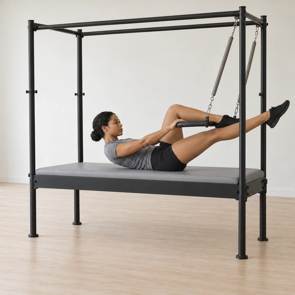 Mid single leg stretch: one knee draws in toward her chest while the other leg reaches over the bar, the bar still pressed down by her hands, her head and chest curled and the springs controlled.