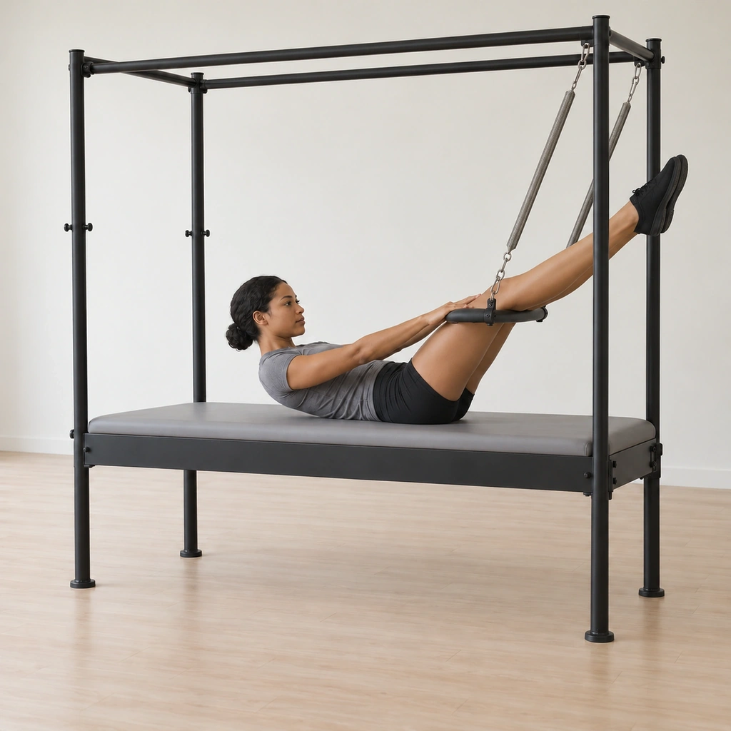 Mid double straight leg stretch: both straight legs lower toward the bar and lift, her hands still pressing the bar down, her head and chest curled and her trunk still.