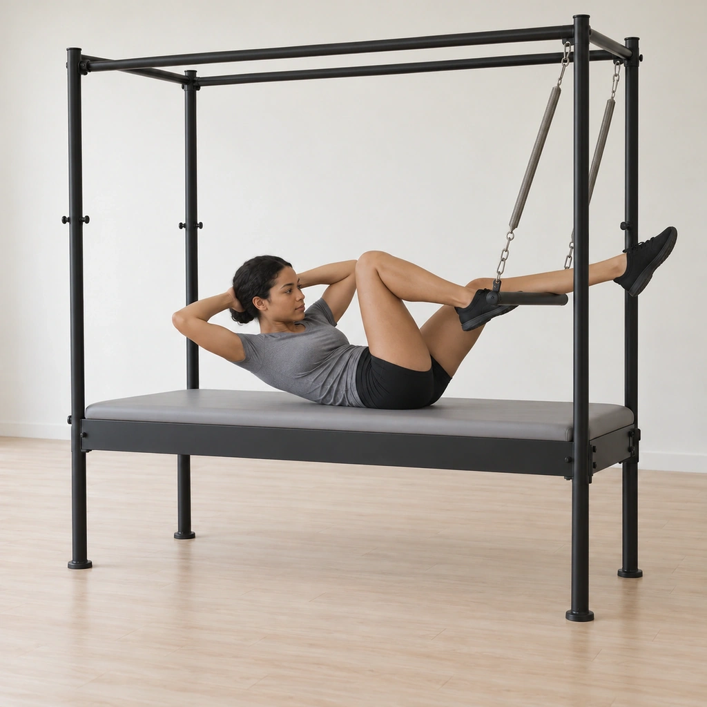 She rotates her ribs toward one bent knee while the other leg reaches - the mat-style option with her hands off the bar and behind her head, her head and chest curled.