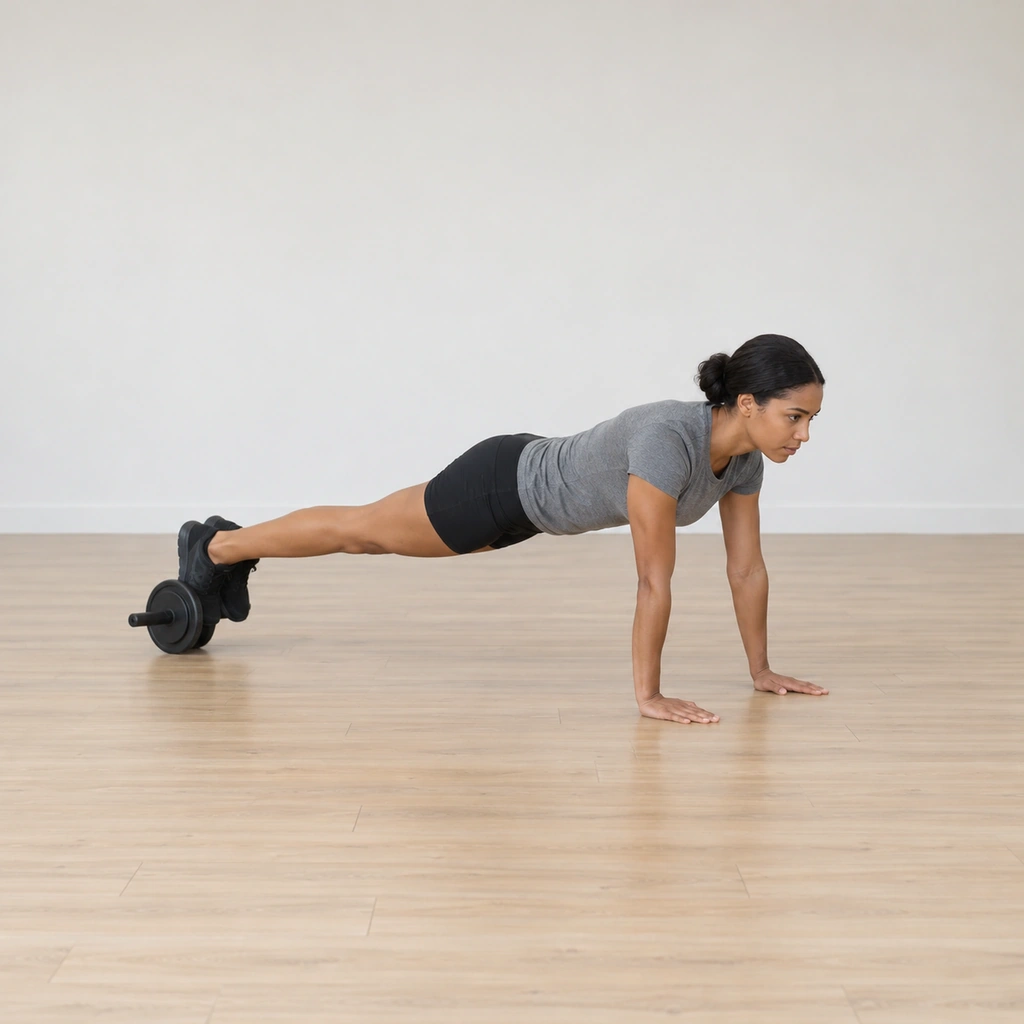 She holds a level plank on the floor: hands planted under her shoulders, both feet resting on the wheel behind her; her body is one straight line from head to the wheel.