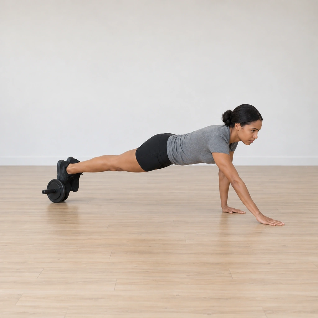 She steps her right hand forward: the plank stays level, both feet still on the wheel which begins to roll along behind; her left hand stays planted.