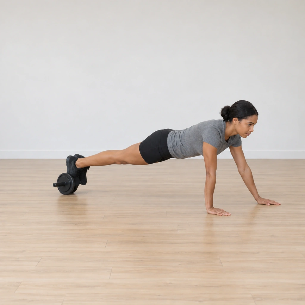 She is mid-crawl: left hand stepping forward past the shoulder, right hand planted, the wheel trailing both feet as it rolls behind; the plank still level along her moving line.