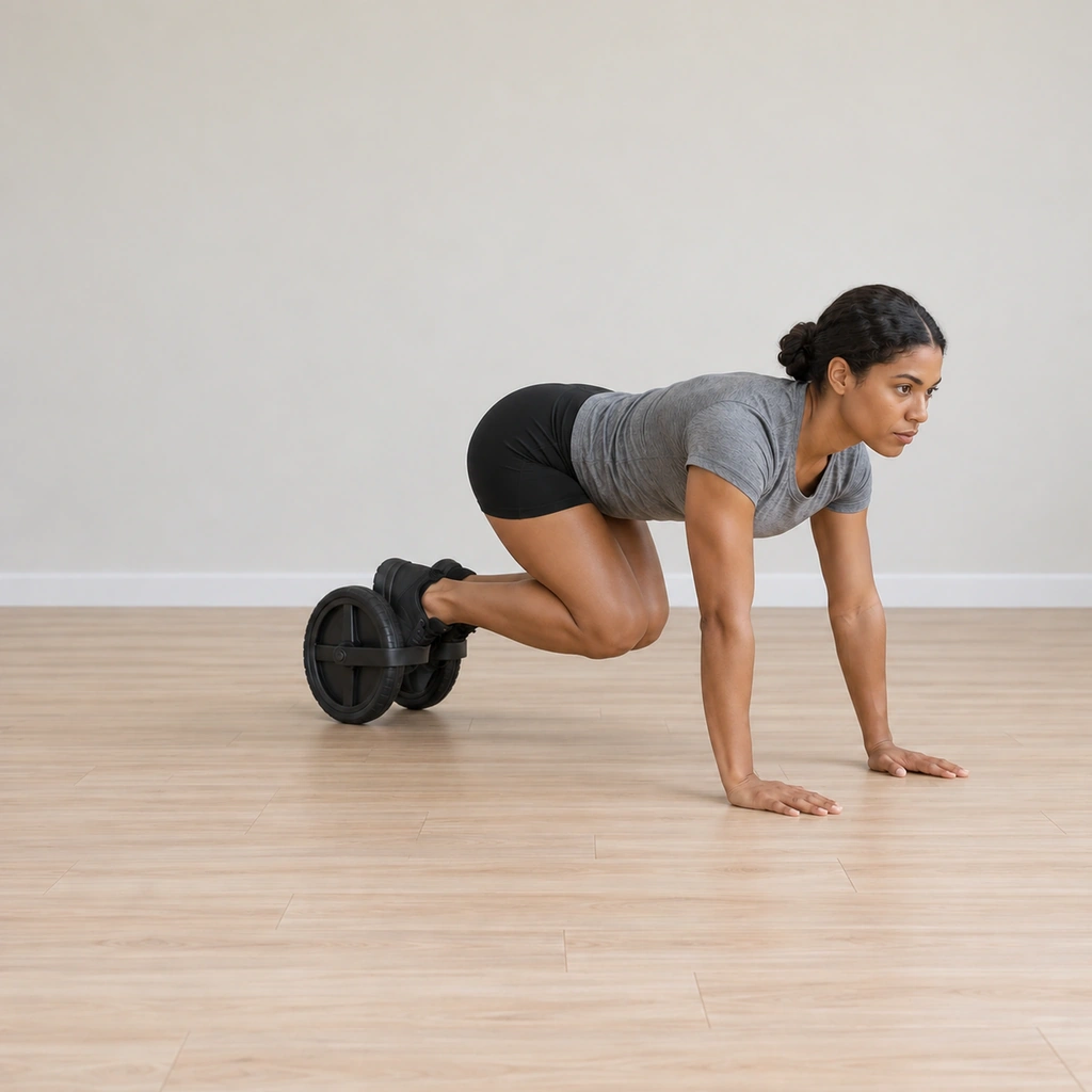 She is pulling both knees toward her chest, the wheel rolling in under her hips, her arms still straight.