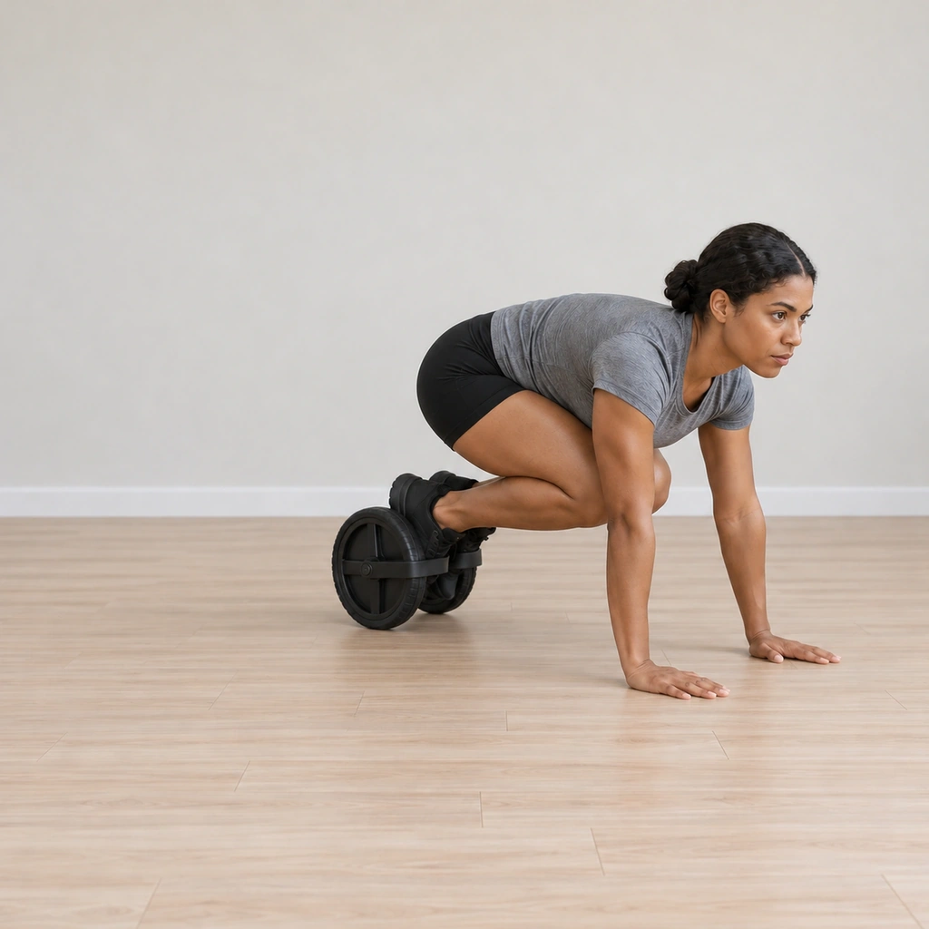 She holds the deepest tuck: both knees drawn in at her chest, the wheel rolled fully in under her, arms straight.