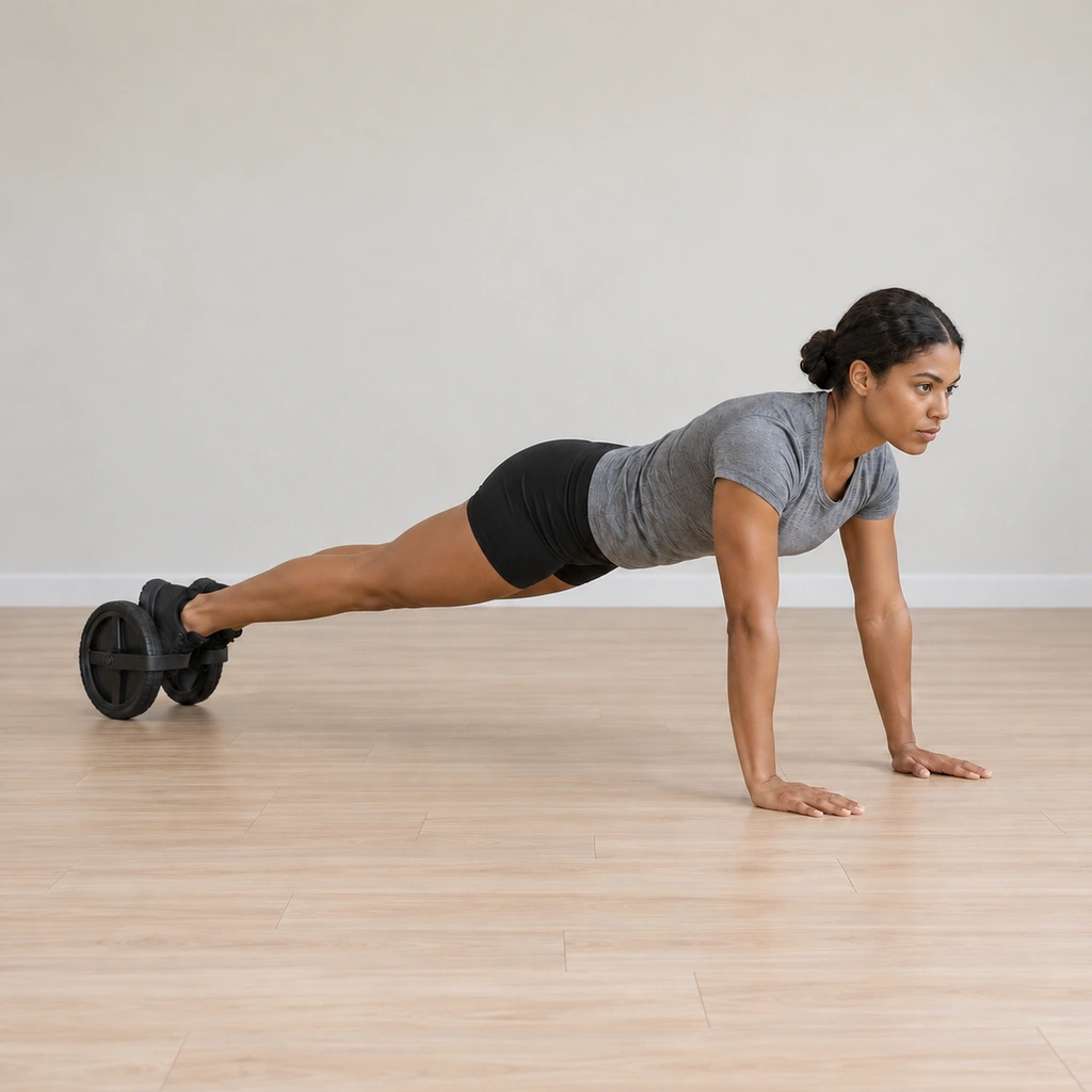She has rolled the wheel back out to the high plank: legs straight, feet still in the cradles, body in one line for the next rep.