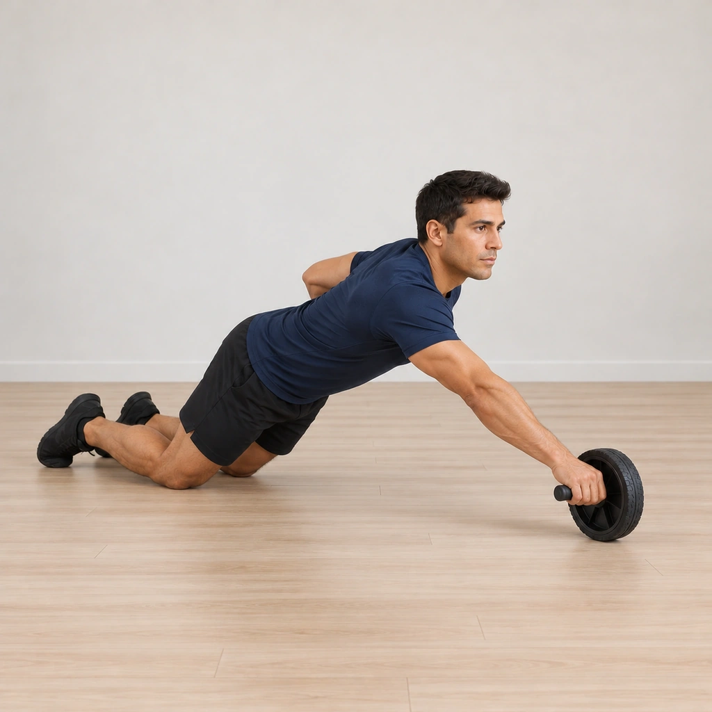 He rolls the wheel forward under his right arm: right arm extending ahead, trunk hinging forward and lengthening toward the floor; his left arm stays folded behind his back and his hips stay square.