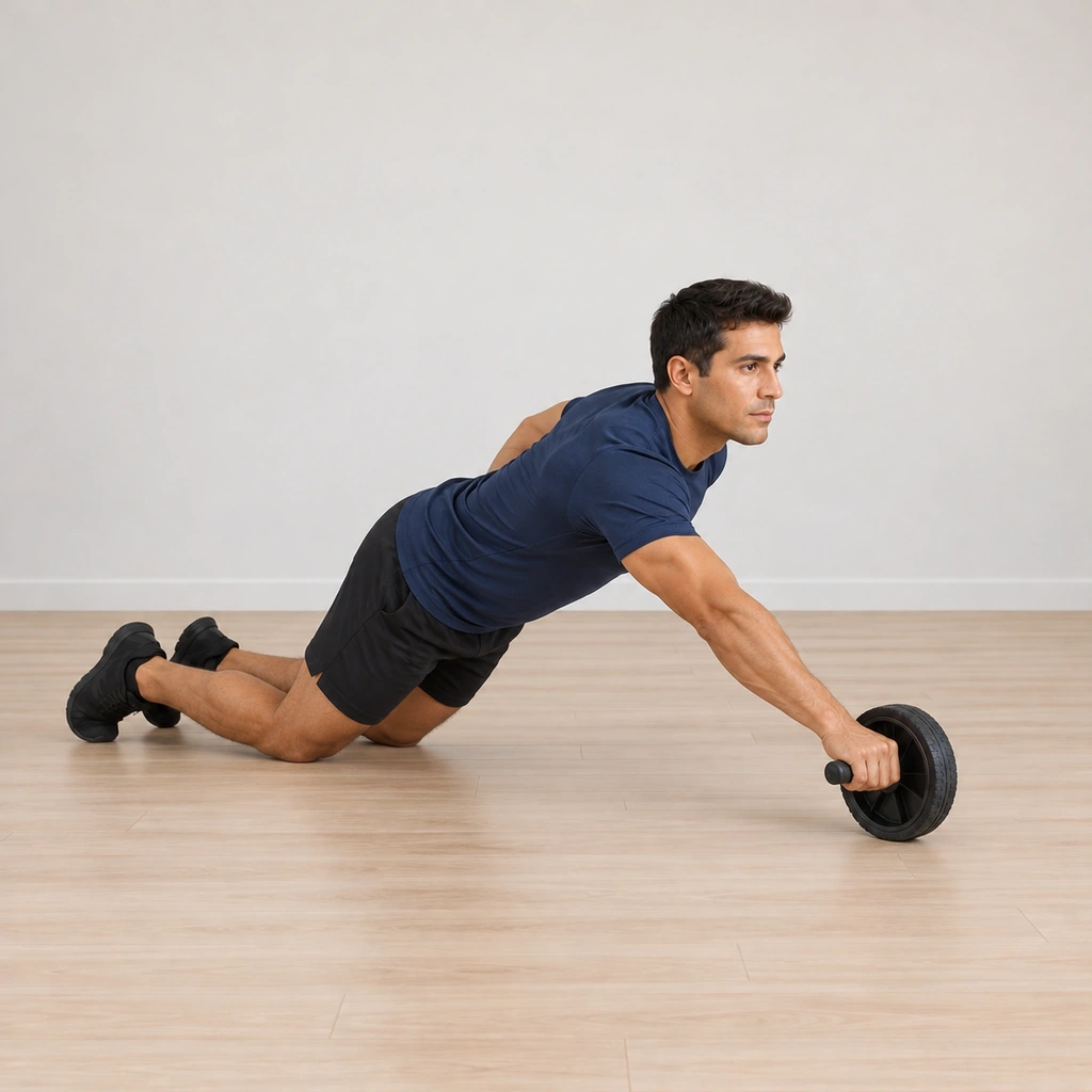 He holds the full extension: right arm fully extended with the wheel far ahead of his shoulder, his body stretched in a long line toward the floor; left arm still folded behind his back, hips still square.