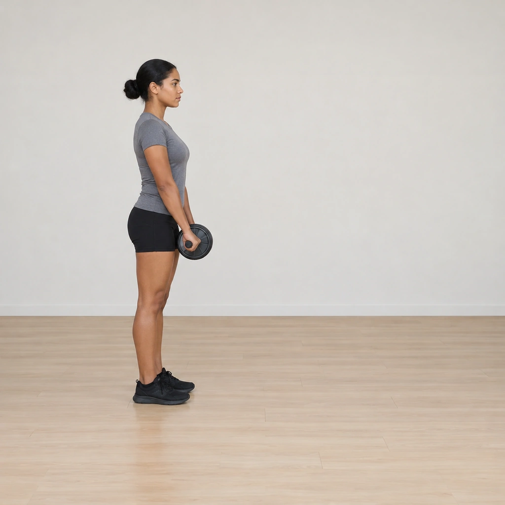 She stands tall: feet planted, the ab wheel held in both hands in front of her thighs, preparing to hinge forward.