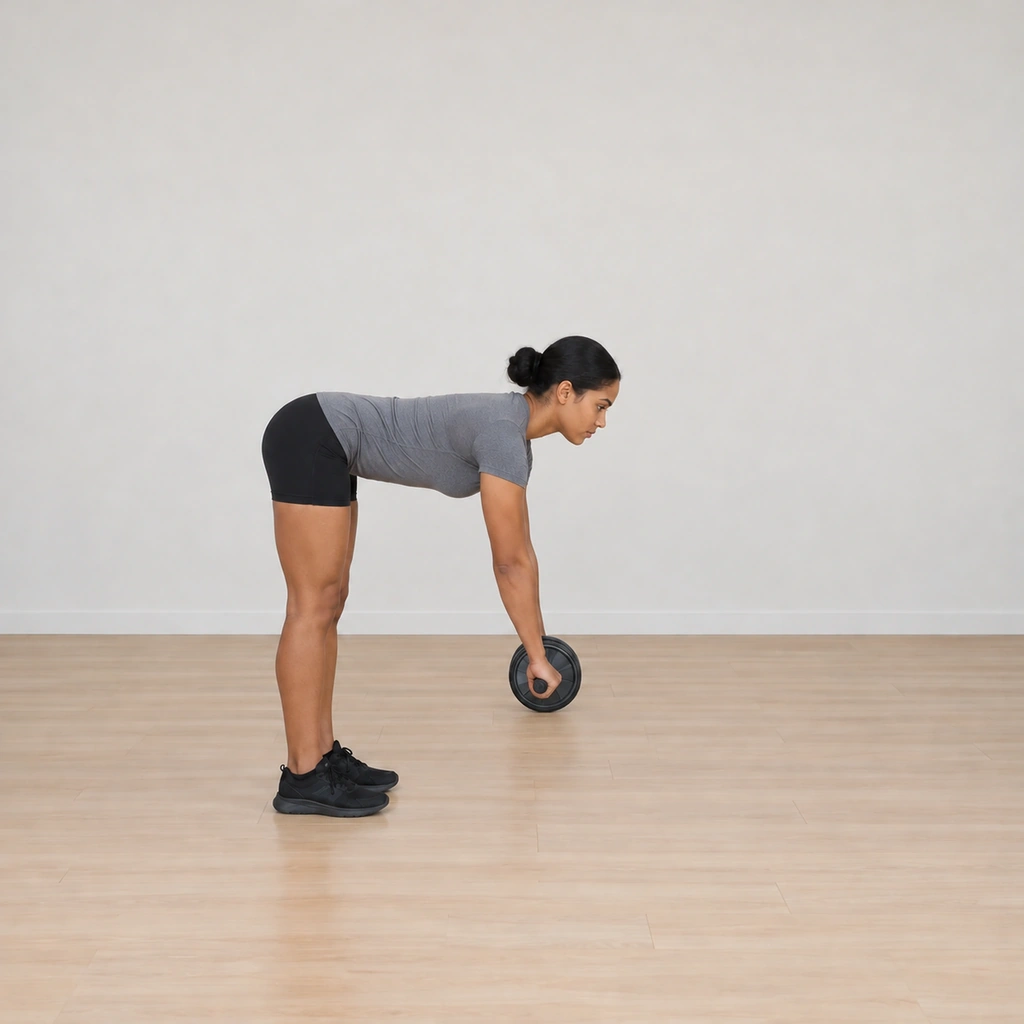 She hinges forward: hips pushed back, trunk inclined, the wheel now on the floor in front of her feet with her arms extending along its first roll.