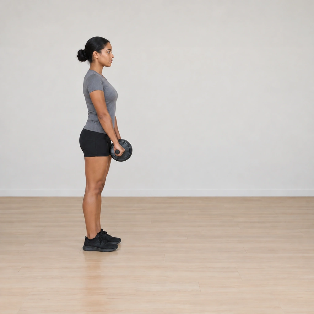She is mid-return: drawing the wheel back toward her feet as her hips fold, her body rising through the hinge toward the upright finish, still on her feet alone.
