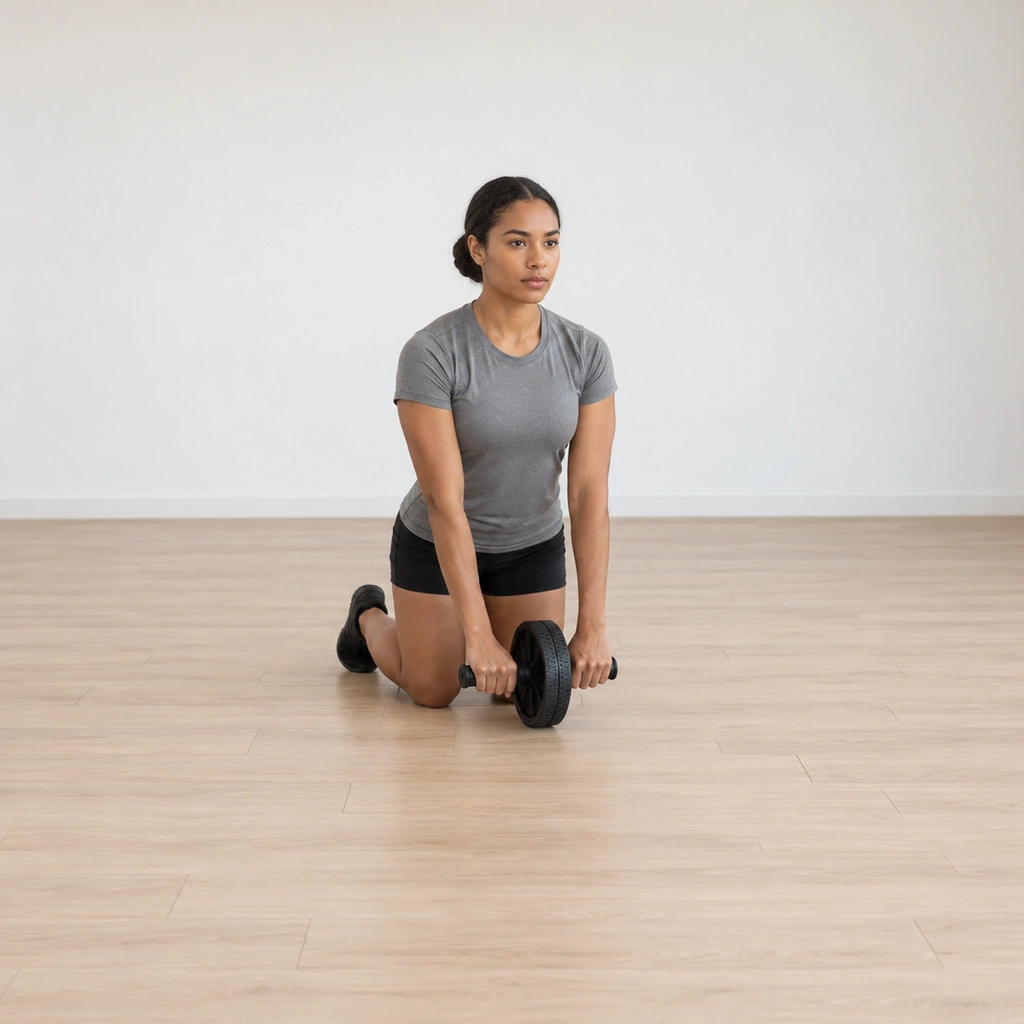She kneels upright on the floor with both hands gripping the wheel's handles, the wheel resting on the floor directly under her shoulders; her trunk is tall and her hips sit over her knees.