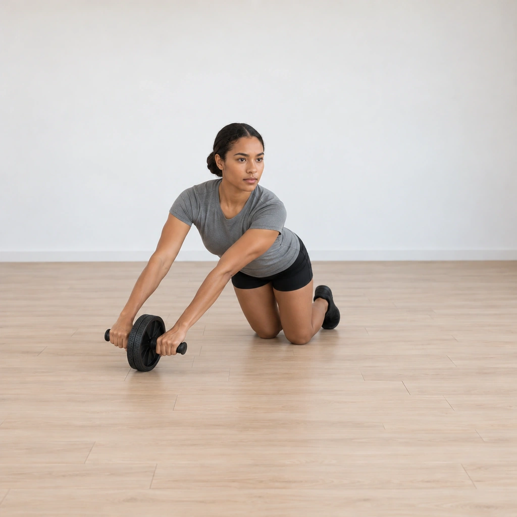 She rolls the wheel out diagonally to her right side: arms extended forward-right, trunk hinged toward that side, her body line lengthening along the diagonal; her knees stay planted at centre.
