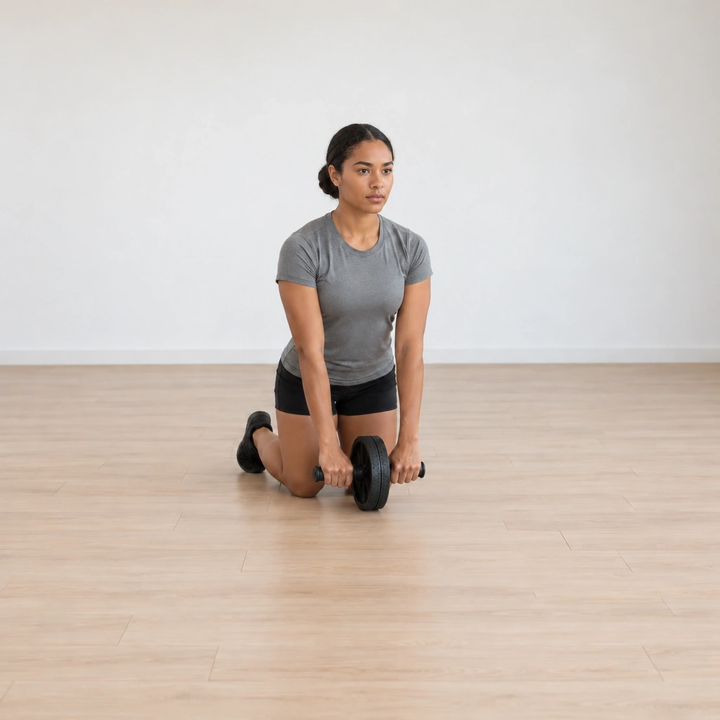She has pulled the wheel back to the floor under her shoulders: trunk rising back toward upright, arms returning to the straight down position; her knees still planted.