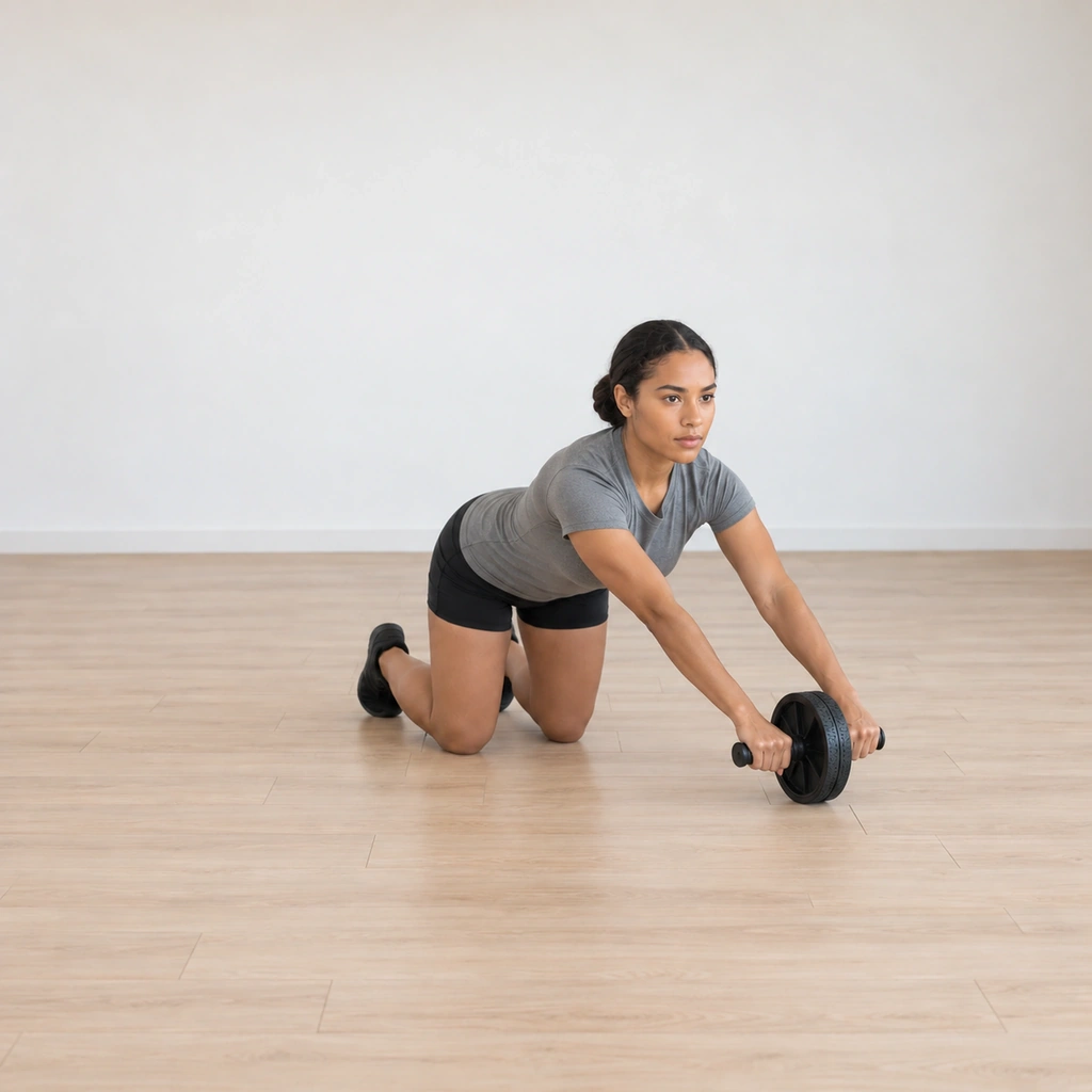 She rolls the wheel out diagonally to her left side: arms extended forward-left, trunk hinged toward that side, her body line lengthening along the left diagonal - the alternating V completed; her knees stay planted.