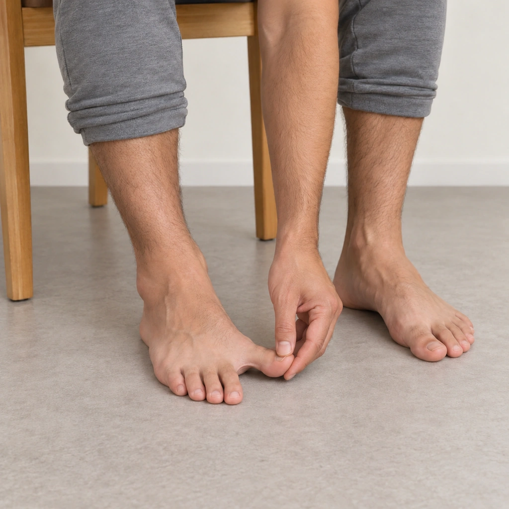 The same man's right hand fingers gripping his right big toe and holding it pulled sideways, away from the other toes, which stay resting on the floor.