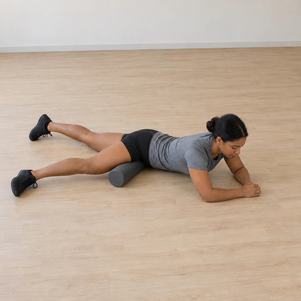 She holds still with the roller paused on a tension point in her inner thigh, weight shifted onto it, before switching to the other leg.