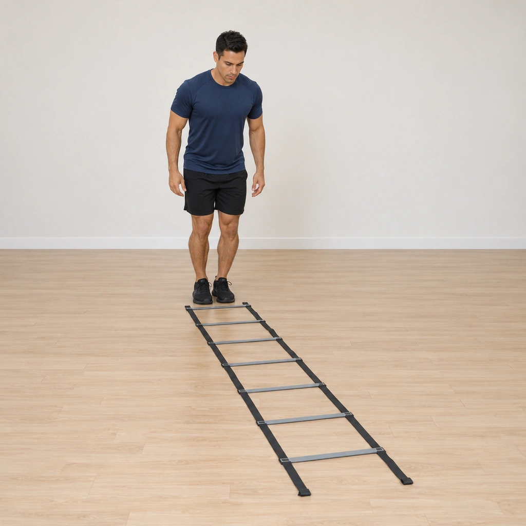He stands facing the ladder at its end, knees soft, arms lightly cocked, weight on the forefeet, eyes down the squares.