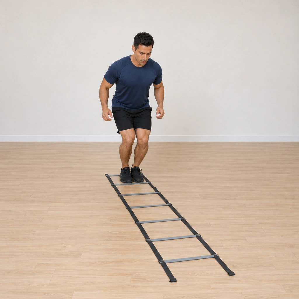 He lands with both feet together inside the first square, knees flexed absorbing the landing, hips low, chest lifted.