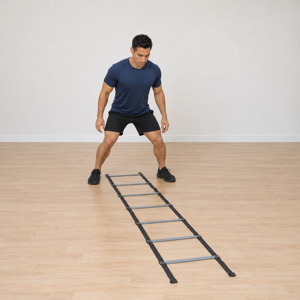 He lands with both feet wide outside the ladder straddling its straps, knees flexed tracking over his toes, hips low, the square between his feet.