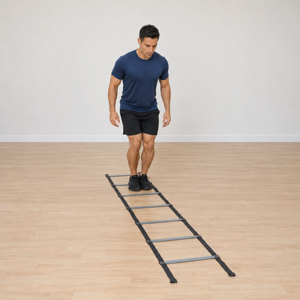 He lands with both feet together inside the next square, one square advanced down the ladder, knees flexed, ready to repeat.
