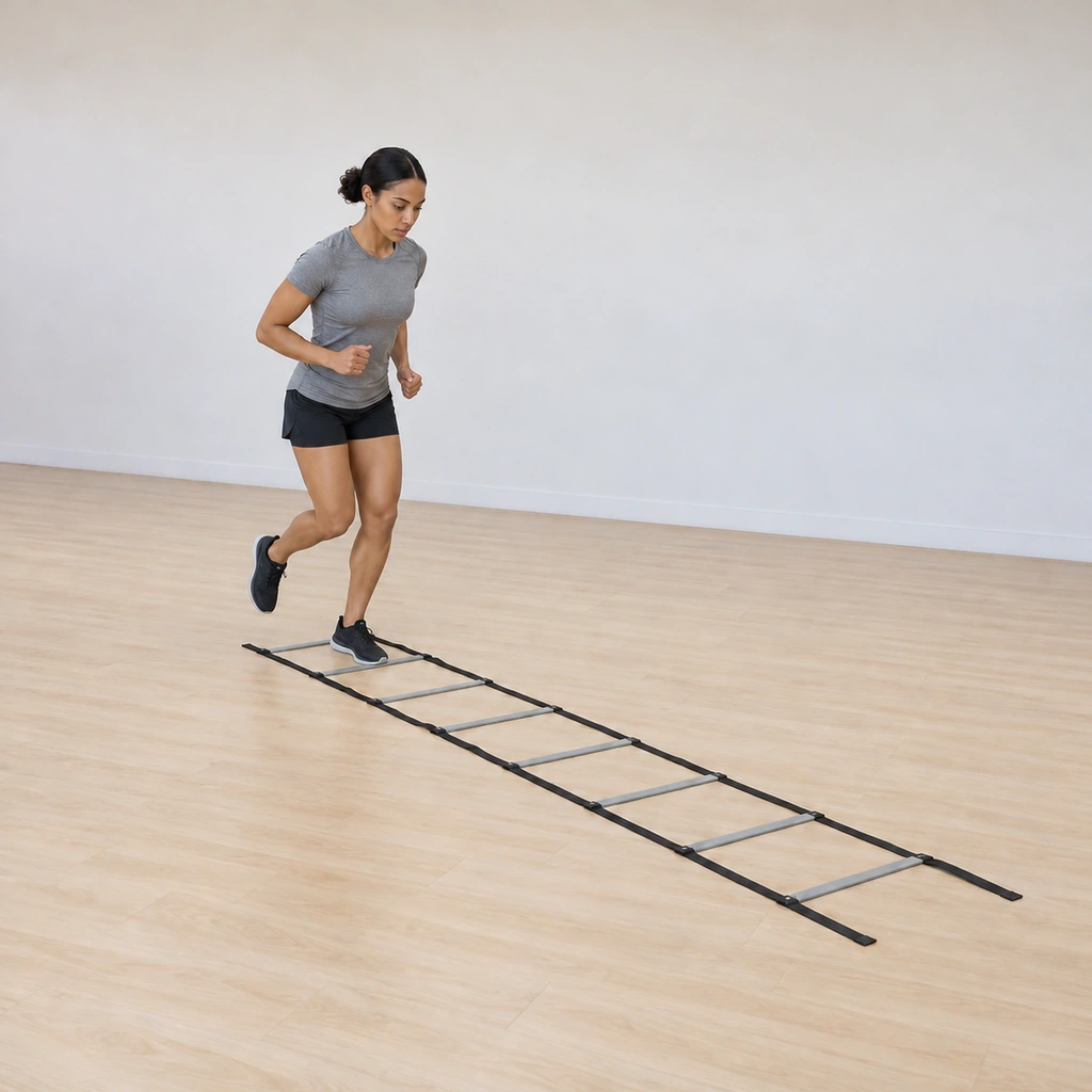 Her left foot has landed on the forefoot inside the first square, right leg trailing low behind, arms beginning to pump, body over the ladder.