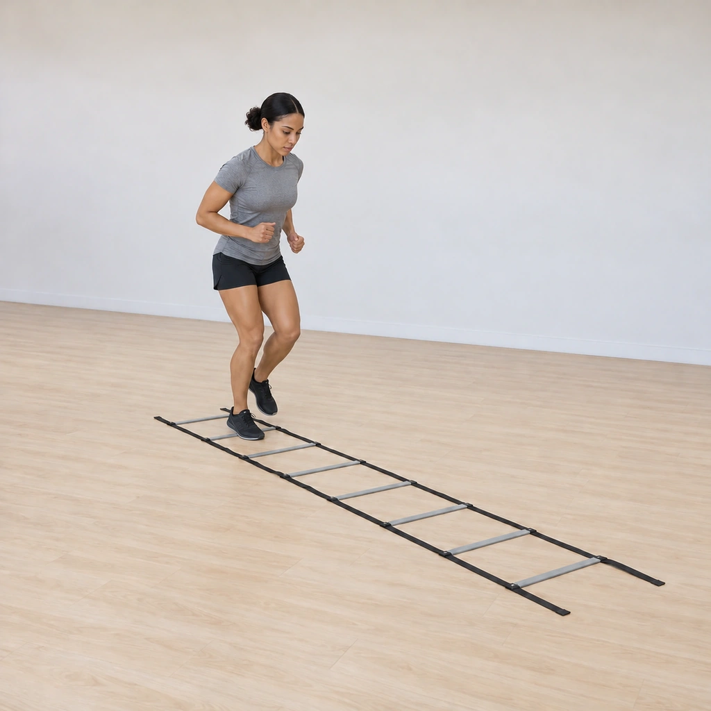 Her right foot has landed on the forefoot inside the same square while the left foot is already lifting toward the next box - both contacts inside the one square.