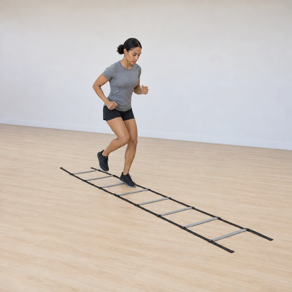 Her left foot is striking into the next square as the right foot trails off the previous box, mid-ladder, arms fully engaged in the sprint rhythm.