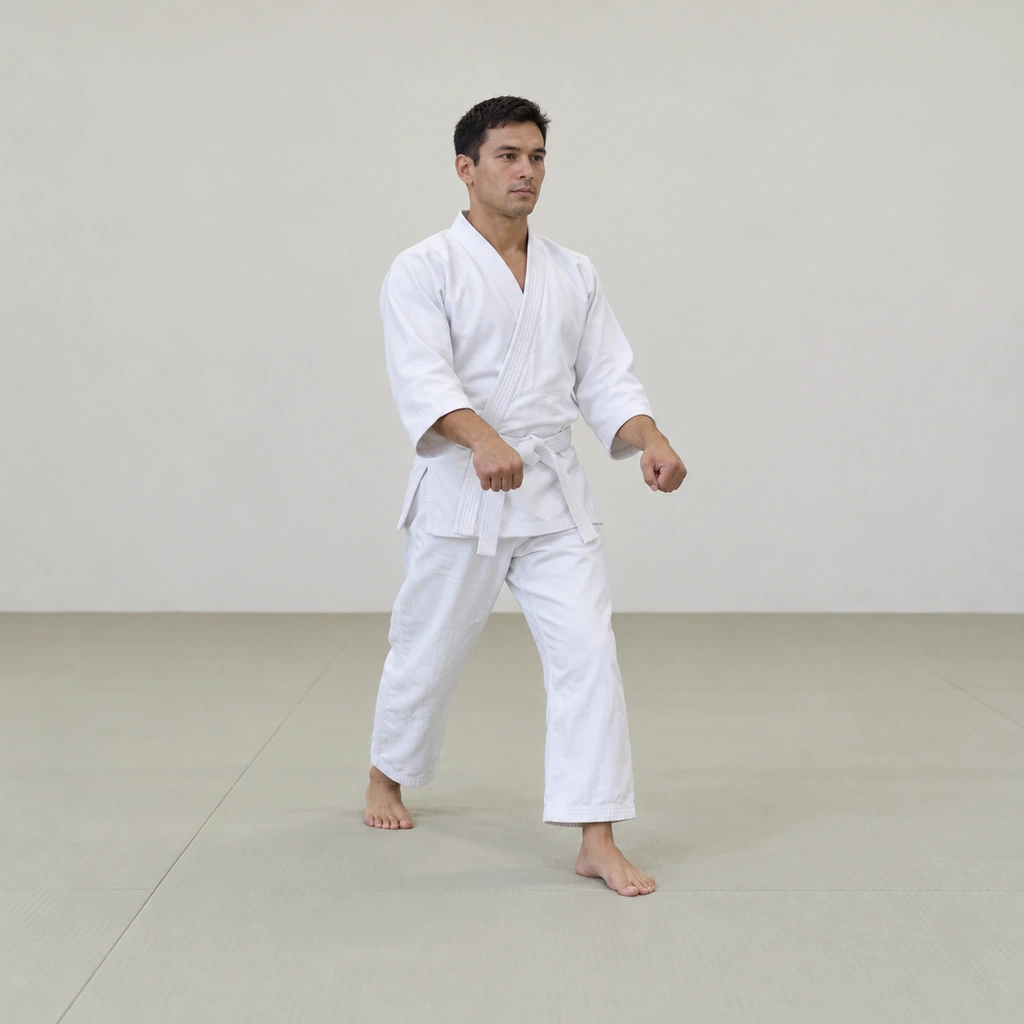 He stands with his left foot forward, hips and shoulders square to the front, his wrists curled and held at hip level, his body balanced.