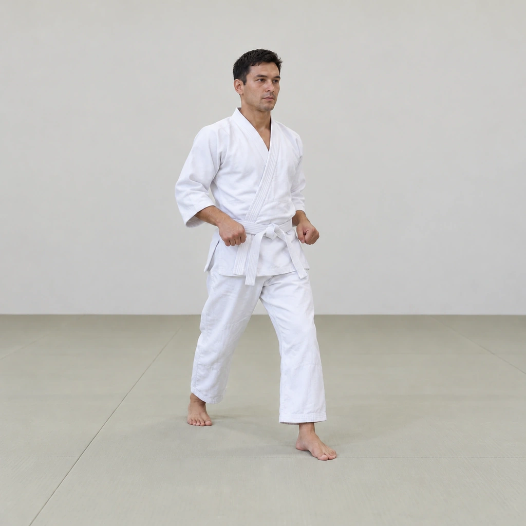 He is drawing his arms back to his sides, the wrists still curled, his body settled upright in the stance, ready to repeat the cycle.
