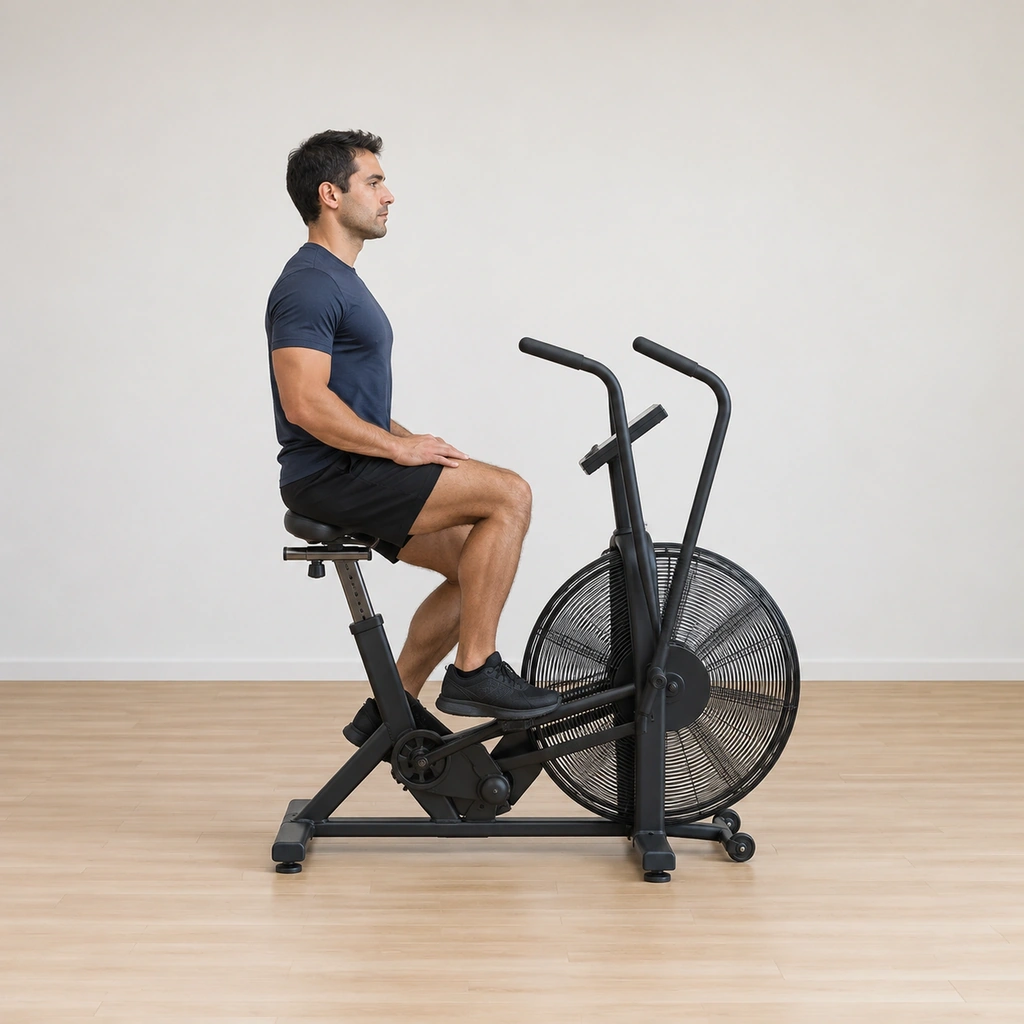 He sits on the air bike saddle, feet on the pedals, both hands resting on the middle bar while the moving handles stand still at his sides.