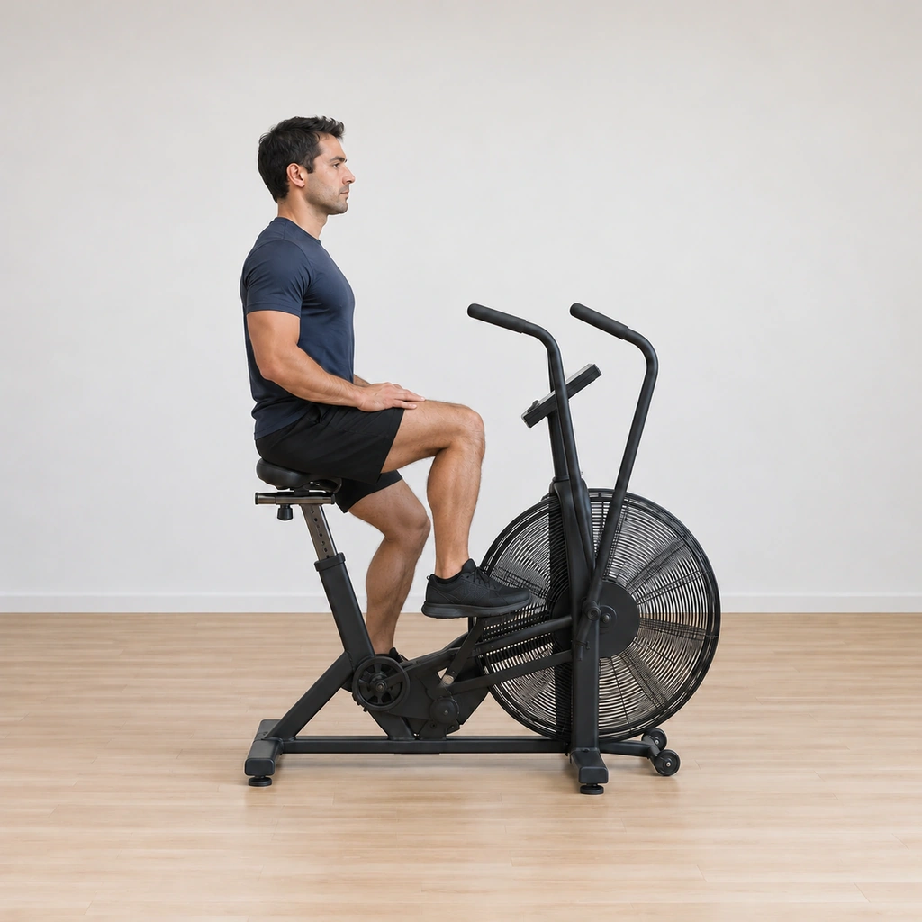 He is pedalling with his legs alone - his right pedal pressing down while his hands stay parked on the middle bar and the moving handles swing free.