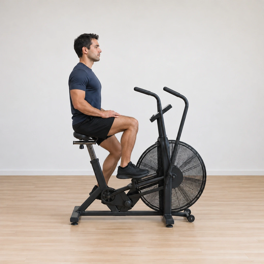He holds the sustained legs-only pedal: torso quiet and chest lifted, hands parked on the middle bar, both legs mid-circle driving the fan alone.
