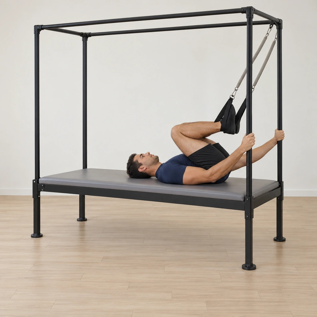 He lies supine on the cadillac table with both feet in the leg spring straps, his hands gripping the vertical poles slightly above his shoulders, his heels together and toes apart and his knees bent into his chest.