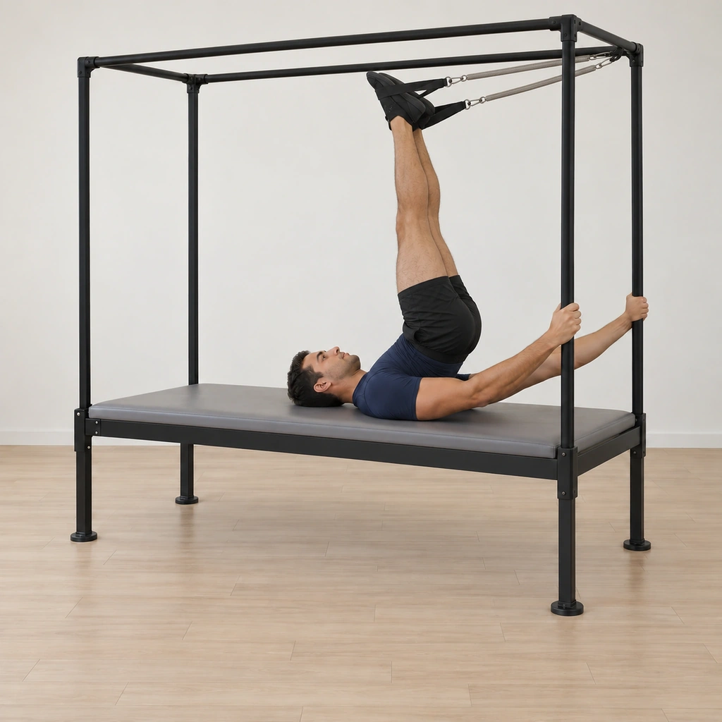 His hips are rolled up over his shoulders so his body balances across the upper back, his legs reaching straight up toward the sky on the sprung straps, his neck curve kept and his arms long on the poles.