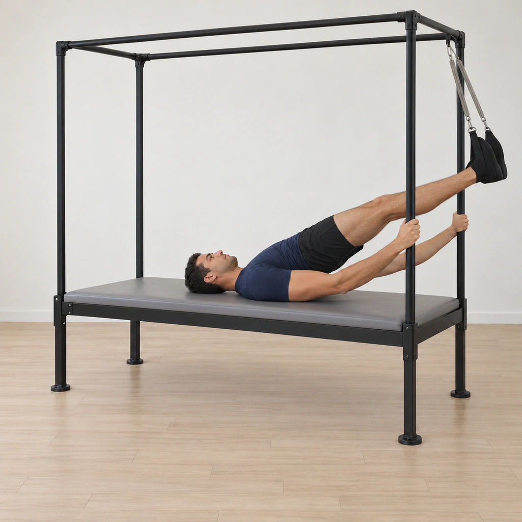 His legs are stretched out across the room on the sprung straps as his body lowers toward the mat in one long piece, his spine lengthened without arching and his arms still reaching the poles.