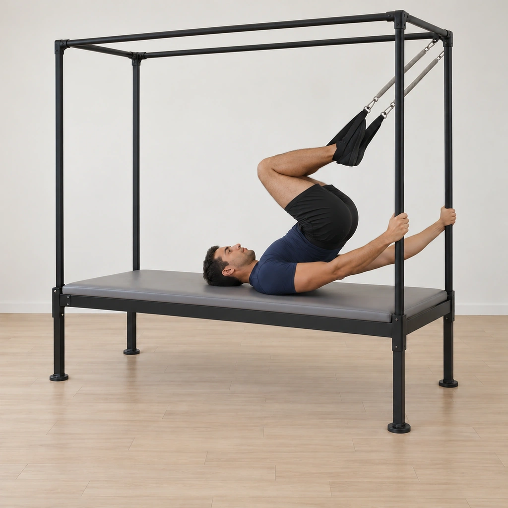 His legs have lifted from along the mat so his body rises in one piece feet over hips over shoulders, his knees drawing toward his chest to roll back down, the straps carrying the reversed lift.