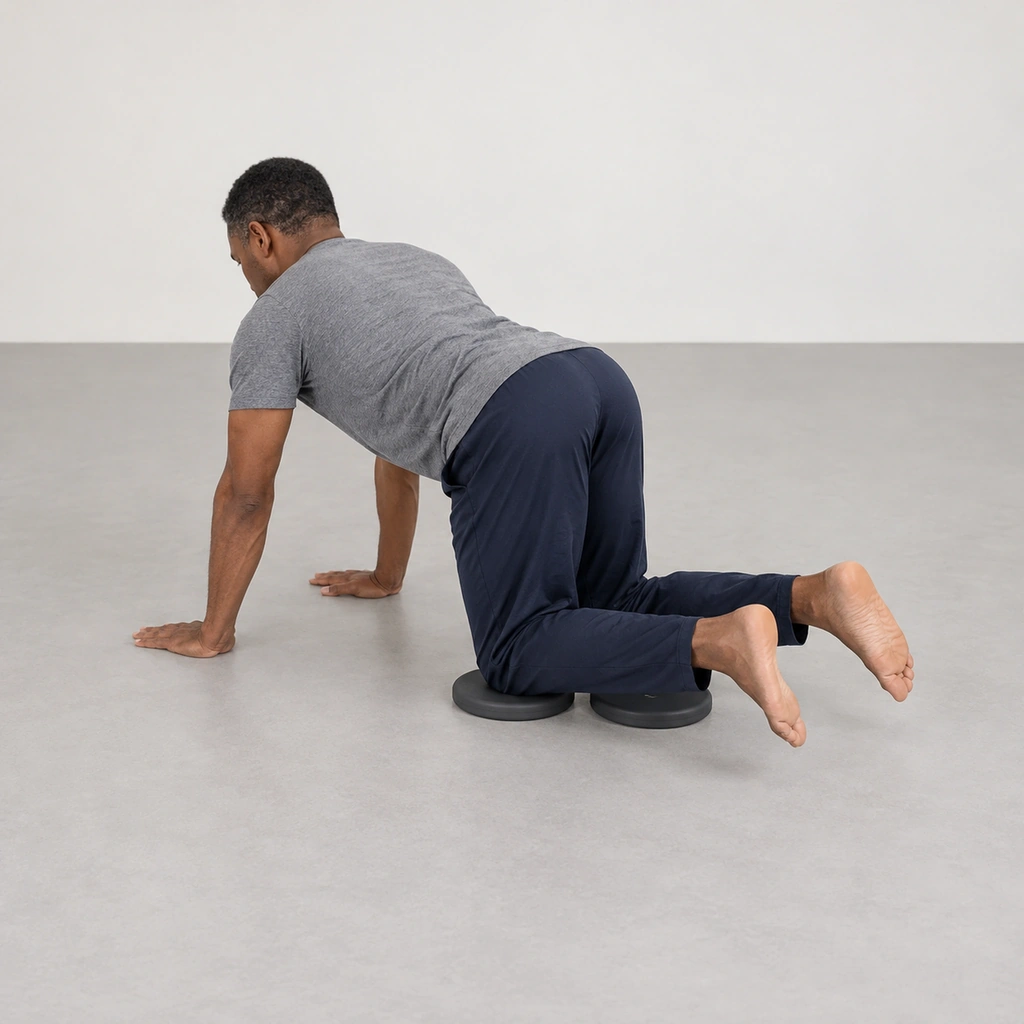 A man on all fours seen from behind and to his right, one knee on each disc, hands on the floor, feet lifted straight behind his knees.