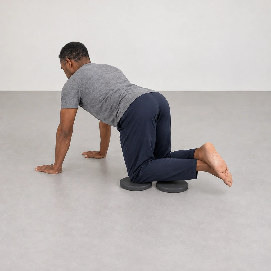 The man on all fours with both lower legs swung inward behind him so his ankles are crossed, knees still on the discs.
