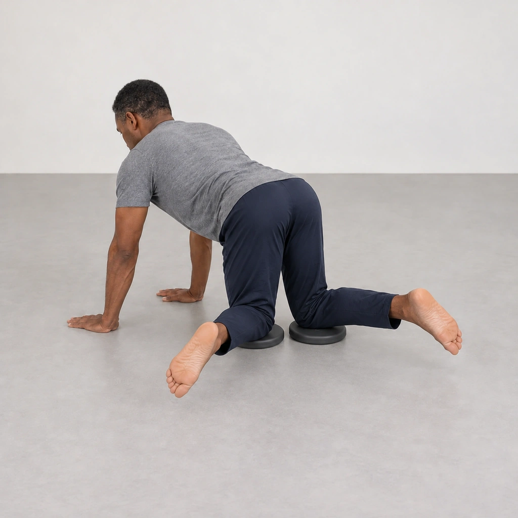 The man on all fours with both lower legs swung outward behind him into a wide V, knees still on the discs.